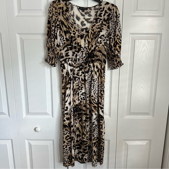 Banana Republic Dress Womens 4 Babydoll Animal Print V Neck Midi Ruched Smocked - Picture 1 of 11